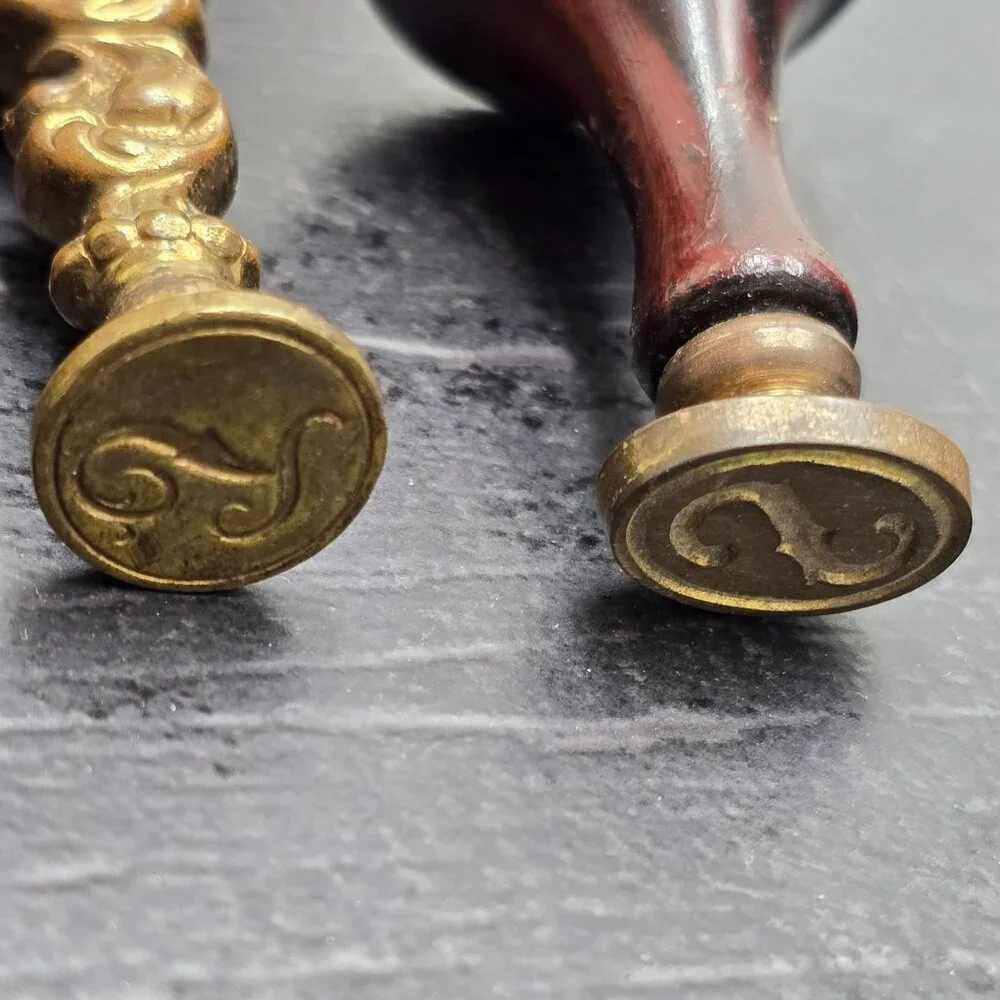 Set Of 6 Antique Wax Seal Stamp Seals Various Handles & Monograms HS286